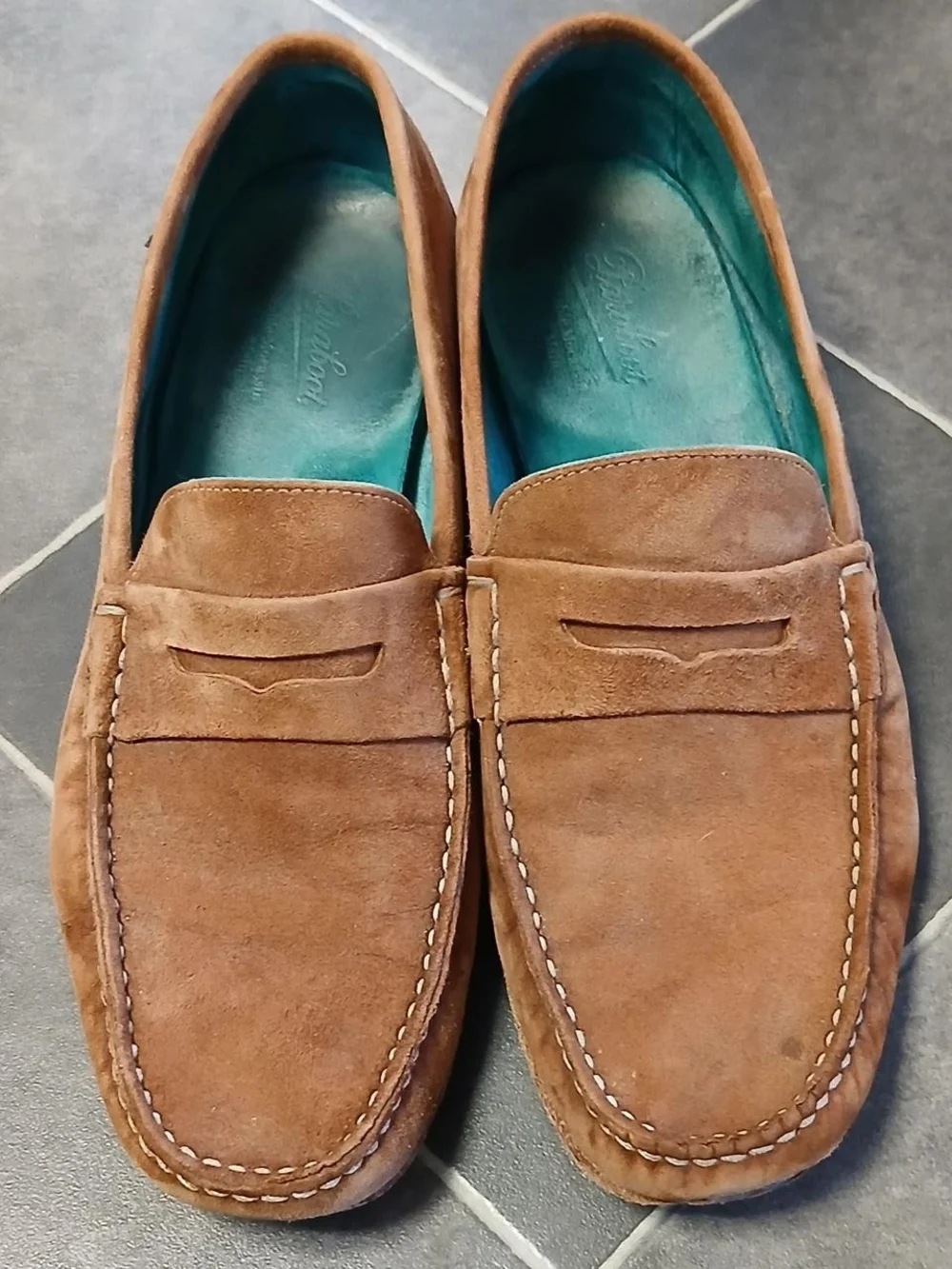 Paraboot Size 10 Men's Brown Suede Penny Loafers with Teal Lining